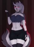  anthro canid canid_demon canine clothing collar demon digital_media_(artwork) female fur grey_body grey_fur hair hellhound helluva_boss hi_res loona_(vivzmind) mammal open_mouth piercing red_sclera simple_background slashner solo spikes tongue white_body white_fur 