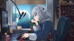  animal_hood anonamos bangs blinds blonde_hair blue_eyes blue_hair blue_hoodie blunt_bangs dr_pepper fish_tail gawr_gura hair_ornament hat highres hololive hololive_english hood hoodie instrument keyboard_(computer) lofi_hip_hop_radio_-_beats_to_relax/study_to long_sleeves medium_hair microphone monitor multicolored_hair multiple_girls open_mouth parody photo_(object) room shark_girl shark_hair_ornament shark_hood shark_tail short_hair silver_hair streaked_hair tail two_side_up ukulele virtual_youtuber watson_amelia white_hair wide_sleeves window 