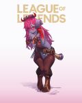  1girl absurdres bangs bare_shoulders belt blush boots breasts brown_pants collarbone colored_skin commentary eyebrows_visible_through_hair female_pubic_hair full_body gloves hammer hands_up highres holding horns league_of_legends leaning_forward legs_together long_hair looking_at_viewer medium_breasts open_mouth ornn pants pink_hair pubic_hair purple_skin radjeong red_eyes signature smile solo thigh_gap wavy_mouth weapon 