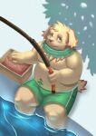  2021 aipangpangdeyua anthro belly bottomwear canid canine canis clothing cu_sith_(tas) cute_fangs domestic_dog fishing fishing_rod green_eyes hi_res humanoid_hands kemono male mammal moobs overweight overweight_male shorts sitting solo tokyo_afterschool_summoners video_games water 