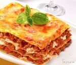  derivative_work food food_focus garnish glass lasagna_(food) leaf meat no_humans original plate sechura still_life 