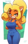  2021 activision anthro bandicoot bedroom_eyes big_breasts black_nose blonde_hair breasts clothed clothing coco_bandicoot countershading crash_bandicoot_(series) female fur green_background green_eyes hair half-closed_eyes hands_behind_back long_hair looking_at_viewer mammal marsupial narrowed_eyes orange_body orange_fur overalls overalls_only ponytail seductive simple_background smile solo text the_other_half url video_games watermark wide_hips 