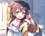  1girl :3 :d animal_collar animal_ears arm_up blurry bone_hair_ornament braid breasts brown_eyes brown_hair cartoon_bone cleavage collar depth_of_field dog_ears dog_girl fang glint hair_ornament hololive inugami_korone jacket long_hair long_sleeves looking_at_viewer low_twin_braids medium_breasts open_mouth plant potted_plant red_collar sakino_shingetsu smile solo twin_braids upper_body virtual_youtuber wristband yellow_jacket 