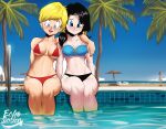  2girls absurdres bikini black_hair blonde_hair blue_eyes blush dragon_ball dragon_ball_z earrings echo_saber highres ireza jewelry looking_at_viewer multiple_girls open_mouth pool shiny shiny_skin short_hair swimsuit twintails videl 