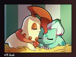  4:3 autumn_(dustedpollen) bed blush bulbasaur chikorita clothed clothing cuddling duo eyes_closed eyeshadow female feral furniture green_body hi_res makeup necktie nintendo partially_clothed pc-doodle pok&eacute;mon pok&eacute;mon_(species) scarf shiny_pok&eacute;mon sleeping striped_wall stripes sugar_(pc-doodle) video_games wanderlust yellow_body 