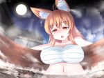  1boy 1girl animal_ear_fluff animal_ears architecture bare_shoulders blonde_hair breasts chest_sarashi commentary_request east_asian_architecture eye_contact eyebrows_visible_through_hair fox_ears fox_girl full_moon giant giantess highres hot_tub large_breasts looking_at_another miniboy moon navel night night_sky onsen open_mouth orange_eyes original sarashi size_difference sky star_(sky) steam terada_ochiko water 