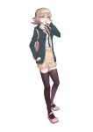  1girl absurdres backpack bag bangs black_jacket black_legwear black_shirt blunt_bangs breasts brown_hair cat_bag commentary_request covering_mouth danganronpa_(series) danganronpa_2:_goodbye_despair eyebrows_visible_through_hair flipped_hair full_body hand_over_own_mouth hand_up highres hood jacket kaer_sasi_dianxia long_sleeves looking_at_viewer medium_breasts medium_hair nanami_chiaki open_clothes open_jacket pink_bag pink_eyes pink_footwear pleated_skirt red_eyes ribbon shaded_face shirt shirt_tucked_in shoes simple_background skirt solo standing thighhighs two-tone_shirt white_background white_shirt zettai_ryouiki 