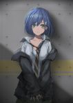  absurdres aegisfate black_hoodie black_neckwear blue_hair bra breasts chinese_commentary cleavage commentary concrete cowboy_shot darling_in_the_franxx dress_shirt expressionless green_eyes grey_skirt hair_ornament hairclip highres hood hoodie ichigo_(darling_in_the_franxx) light_frown looking_at_viewer loose_necktie necktie off_shoulder open_clothes open_hoodie open_shirt partially_unbuttoned pleated_skirt school_uniform shirt skirt small_breasts standing unbuttoned unbuttoned_shirt underwear white_bra white_shirt yellow_neckwear 