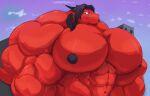  2020 anthro big_muscles big_pecs black_hair black_nipples dragon dragonien fangs hair hi_res horn huge_muscles huge_pecs hyper hyper_muscles hyper_pecs looking_at_viewer male muscular nipples nude panscolipede pecs red_body red_skin scalie sky solo western_dragon 