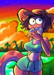  2020 amphibia_(series) amphibian anthro bella_(amphibia) bottomwear breasts cleavage clothed clothing disney female food freckles hi_res midriff newt popsicle salamander_(amphibian) shorts solo summer sun_hat thedarkzircon 