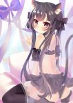  1girl absurdres akashiro_hana animal_ears bangs bare_arms bare_back bare_legs bare_shoulders black_bow black_hair black_underskirt blush body_pillow bow breasts brown_eyes bust_chart cat_ears closed_mouth eyebrows_visible_through_hair hair_between_eyes hair_ornament hair_ribbon hands_up highres long_hair looking_at_viewer lying off_shoulder on_back on_bed original over-kneehighs panties pillow purple_bow ribbon skirt small_breasts solo tail thighhighs twintails underwear white_background 