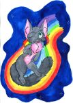  absurd_res black_body black_fur blue_eyes domestic_cat felid feline felis fur hi_res mammal meme night nyan_cat painting_(artwork) pencil_(disambiguation) pink_body pink_fur rainbow sky traditional_media_(artwork) watercolor_(artwork) 