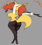  2021 anthro artz big_breasts braixen breasts butt claws feet female finger_claws fire fur grey_background hi_res nintendo nude pawpads pinup pok&eacute;mon pok&eacute;mon_(species) pose rear_view side_boob simple_background solo standing stick video_games wide_hips 