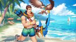 1boy artist_request bara bare_arms bare_shoulders beach bird bow_(weapon) brown_hair bulge day eagle eddie_(gyee) full_body green_male_swimwear gyee highres holding holding_weapon hood hoodie male_focus male_swimwear muscular muscular_male official_alternate_costume official_art outdoors pectorals shirt shoes short_hair sleeveless sleeveless_hoodie smile sneakers solo swim_trunks swimwear tight_shirt weapon white_shirt 