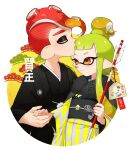  1boy 1girl alternate_hairstyle arrow_(projectile) black_kimono closed_eyes closed_mouth commentary couple domino_mask ema emblem forehead_kiss fur_scarf furisode gradient_hair green_hair hair_bun hair_ornament hair_up hairpin hamaya happy_new_year hetero highres holding holding_arrow inkling japanese_clothes judd_(splatoon) kimono kiss long_hair long_sleeves looking_at_another makeup mascara mask mohawk multicolored_hair new_year obi octoling pointy_ears red_eyes red_hair sash short_hair_with_long_locks smile splatoon_(series) squid standing striped suction_cups tentacle_hair translated vertical-striped_kimono vertical_stripes wide_sleeves yellow_kimono yeneny 