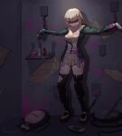  1girl backpack backpack_removed bag bangs bare_shoulders black_legwear blindfold blonde_hair blood bra breasts brown_skirt candle chain cleavage collarbone commentary_request cuts danganronpa_(series) danganronpa_2:_goodbye_despair dress_shirt egg_vibrator gag green_jacket handheld_game_console hands_up highres improvised_gag indoors injury jacket kaer_sasi_dianxia knife light_brown_hair medium_breasts medium_hair nanami_chiaki object_insertion open_clothes open_jacket pink_blood pleated_skirt pussy remote_control_vibrator restrained school_uniform sex_toy shirt shorts signature skirt solo standing sweat tape tape_gag torn_clothes torn_jacket torn_legwear underwear vaginal vaginal_object_insertion vibrator white_bra 