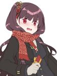  1girl blush coat embarrassed eyebrows_visible_through_hair gift girls_frontline gloves hair_ornament holding holding_gift jjuwaap long_hair long_sleeves looking_at_viewer official_alternate_costume one_side_up purple_hair red_eyes red_scarf scarf solo upper_body wa2000_(girls_frontline) wavy_mouth white_background white_gloves winter_clothes 