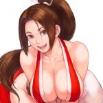  1girl bangs bare_shoulders breasts brown_eyes brown_hair cleavage collarbone commentary_request covered_nipples fatal_fury japanese_clothes large_breasts leaning_forward looking_at_viewer ninja no_bra open_mouth parted_bangs ponytail revealing_clothes shiny shiny_skin shiranui_mai shu-mai simple_background sleeveless smile solo the_king_of_fighters thick_thighs thighs tied_hair white_background wide_hips 