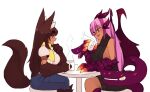  2girls animal_ears anubis_(monster_girl_encyclopedia) blue_pants blush breasts brown_hair chair claws coffee cup dark_skin dark_skinned_female dragon_girl fur holding holding_cup jabberwock_(monster_girl_encyclopedia) jackal_ears jackal_tail large_breasts long_hair monster_girl monster_girl_encyclopedia multiple_girls open_mouth pants paws pink_eyes red_eyes rtil simple_background sitting smile table turtleneck white_background 