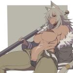  1girl abs animal_ears bikini breasts choker dark_skin eyepatch fat_mons fur-trimmed_jacket fur_trim ghyslaine_dedorudia green_pants jacket large_breasts long_hair micro_bikini mikoyan muscular muscular_female mushoku_tensei open_clothes pants polearm scar scar_on_cheek scar_on_face scar_on_stomach solo swimsuit tail unbuckled_belt weapon 