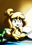  2018 animal_crossing anthro blush breasts camping canid canine canis crossed_legs domestic_dog featureless_breasts female isabelle_(animal_crossing) mammal navel nintendo nude pillow shih_tzu sitting sleeping_bag solo tarri tarripup tent toy_dog video_games 
