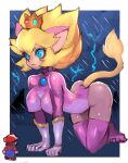  1girl absurdres all_fours alternate_costume alternate_hairstyle animal_ears ass blonde_hair blue_eyes breasts cat_ears crown dakusuta elbow_gloves giant giantess gloves hair_between_eyes highres impossible_clothes large_breasts long_hair mario mario_(series) nintendo princess_peach solo_focus tail thighhighs white_gloves 