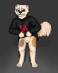  absurd_res anthro bite biting_lip black_clothing black_hoodie black_topwear blue_eyes bottomless clothed clothing exposing_pussy female fur genitals hi_res hindpaw hoodie hoodie_only paws pubes pubes_exposed pussy saucycorner solo tan_body tan_fur topwear topwear_only 