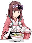  1girl bow bowl brown_eyes brown_hair chopsticks cloak eyebrows_visible_through_hair fate/grand_order fate_(series) food food_request frills gloves hair_ornament hair_ribbon hairband highres hood hood_down hooded_cloak long_hair naosuke_(morioka_shachuu) osakabe-hime_(fate) pink_cloak ribbon simple_background solo white_background white_gloves 