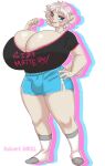  2021 anthro big_breasts bottomwear breasts bulge cleavage clothed clothing ezukapizumu footwear gynomorph hand_on_hip hi_res huge_breasts hyper hyper_breasts intersex jamie_(boosterpang) mammal shorts simple_background socks solo white_background 