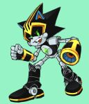  2015 5_fingers 8xenon8_(artist) anthro archie_comics arm_cannon black_body black_sclera chest_gem eulipotyphlan fingers green_eyes hedgehog looking_at_viewer machine male mammal metallic_body open_mouth ranged_weapon robot shard_the_metal_sonic simple_background solo sonic_the_hedgehog_(archie) sonic_the_hedgehog_(comics) sonic_the_hedgehog_(series) striped_body stripes weapon yellow_stripes 