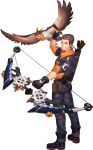  1boy arrow_(projectile) artist_request ass bird bow_(weapon) brown_hair camouflage camouflage_jacket camouflage_pants eagle eddie_(gyee) gyee highres holding holding_weapon jacket lying male_focus official_alternate_costume official_art on_back pants short_hair smile solo weapon 