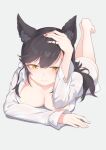  1girl animal_ears arm_support atago_(azur_lane) azur_lane bangs black_hair blush breasts dress_shirt eyebrows_visible_through_hair hand_on_own_head highres large_breasts legs_up long_hair looking_at_viewer lying mole mole_under_eye naked_shirt on_stomach open_clothes open_shirt peaceyj shirt simple_background smile solo swept_bangs white_background white_shirt yellow_eyes 