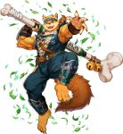  1boy abs animal_ears armpit_hair bara bare_pecs beige_fur bone bulge chang_(gyee) denim dog_boy dog_ears fishnet_top forehead_protector full_body furry gyee highres huge_weapon jeans jumping kunai large_pectorals male_cleavage male_focus muscular muscular_male navel_hair ninja official_art orange_eyes orange_fur over_shoulder pants ryuuichirou_(haineken) short_hair smile solo stomach two-tone_fur weapon weapon_over_shoulder 