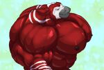  2021 anthro big_muscles big_pecs black_nipples blue_background fur giraffid hi_res horn huge_muscles huge_pecs hyper hyper_muscles james_the_okapi looking_at_viewer male mammal muscular nipples nude okapi panscolipede pecs red_body red_fur side_view simple_background solo 