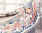  1girl armpits arms_behind_head arms_up bangs bath bathing bathroom bathtub blunt_bangs convenient_censoring curtains eyebrows_visible_through_hair facial_mark girls_frontline green_eyes hk416_(girls_frontline) indoors long_hair looking_at_viewer parted_lips petals petals_on_liquid silence_girl silver_hair soap_bubbles soap_censor solo teardrop water 