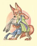  2016 absurd_res anthro barefoot belt bottomwear canid canine clothed clothing dancing disney duo eye_contact fox fully_clothed fur green_eyes grey_body grey_fur hi_res judy_hopps lagomorph leporid looking_at_another mammal necktie nick_wilde orange_body orange_fur pants police_uniform purple_eyes rabbit rainbowspine red_fox shirt simple_background smile topwear uniform zootopia 