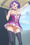  1girl ass_visible_through_thighs black_gloves black_legwear bouncing_breasts breasts breasts_outside censored choker dokidoki!_precure dress fuooooo gloves highres kenzaki_makoto medium_breasts no_panties open_mouth precure purple_choker purple_dress purple_eyes purple_hair pussy shiny shiny_hair shiny_skin short_dress short_hair smile solo standing thighhighs wardrobe_malfunction 