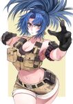  1girl absurdres alternate_costume bandolier biceps big_hair black_gloves black_sports_bra blue_eyes blue_hair breasts camouflage camouflage_shorts carcass_(artist) cleavage earrings gloves highres jewelry leona_heidern load_bearing_vest looking_at_viewer midriff military_operator navel ponytail pouch serious shorts solo sports_bra the_king_of_fighters thick_thighs thighs triangle_earrings vest weapon 