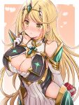  1girl blonde_hair blush breasts cleavage cleavage_cutout clothing_cutout elbow_gloves gloves highres kurokaze_no_sora large_breasts long_hair mythra_(xenoblade) solo valentine xenoblade_chronicles_(series) xenoblade_chronicles_2 yellow_eyes 