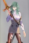  1girl amu_(nsk0) bangs bare_legs belt blue_eyes breasts byleth_(fire_emblem) byleth_(fire_emblem)_(female) fire_emblem fire_emblem:_three_houses garreg_mach_monastery_uniform glasses green_hair grey_background hair_between_eyes high-waist_skirt holding holding_weapon large_breasts leggings long_hair long_sleeves looking_at_viewer sheath sheathed simple_background skirt solo sword thigh_gap torn_clothes torn_legwear uniform weapon 