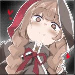  1girl :p bangs black_border black_capelet border braid brown_eyes brown_hair capelet eyebrows_visible_through_hair heart heart-shaped_pupils hood hood_up hooded_capelet kantai_collection kodachi_(kuroyuri_shoukougun) long_hair looking_at_viewer saliva shinshuu_maru_(kancolle) simple_background smile solo symbol-shaped_pupils tongue tongue_out twin_braids upper_body 