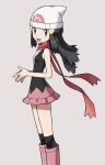  1girl beanie black_hair black_legwear boots dawn_(pokemon) eyelashes floating_hair floating_scarf from_side grey_background grey_eyes hair_ornament hairclip hands_together hat highres knees long_hair looking_at_viewer open_mouth over-kneehighs pink_footwear pokemon pokemon_(game) pokemon_dppt red_scarf scarf sidelocks simple_background smile solo thighhighs tongue white_headwear yoshi_(moco1) 