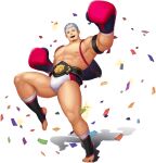 1boy abs artist_request bara bare_pecs blue_eyes boxing_gloves bulge confetti facial_hair full_body goatee gyee highres izumi_(gyee) large_pectorals male_focus muscular muscular_male navel nipples official_art short_hair silver_hair solo stomach thick_thighs thighs transparent_background wrestling_outfit 