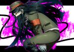  1boy armband bandaged_hands bandages bangs between_legs black_background black_footwear black_hair blood boots brown_eyes brown_headwear brown_jacket brown_pants chain chain_necklace closed_mouth commentary_request danganronpa_(series) danganronpa_v3:_killing_harmony feet_out_of_frame hagi_(hagi_0) hand_between_legs hat jacket knee_boots long_hair long_sleeves looking_at_viewer male_focus mask mouth_mask outline pale_skin pants peaked_cap pink_blood pink_outline shinguuji_korekiyo shiny shiny_clothes solo white_background 