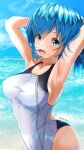  1girl arm_behind_head blue_eyes blue_hair blue_sky breasts cloud commentary_request competition_swimsuit day garter-velvet highres looking_at_viewer medium_breasts ocean one-piece_swimsuit original outdoors short_hair sky smile solo swimsuit twitter_username wet wet_clothes wet_swimsuit white_swimsuit 