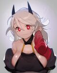  1girl absurdres adapted_costume alternate_costume black_horns blush breasts demon_girl demon_horns heart heart_background heart_eyes helltaker highres horns jewelry l.wolf large_breasts light_smile medium_hair modeus_(helltaker) red_eyes red_sleeves ring single_sleeve smile upper_body white_hair 