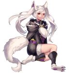  1girl animal_ears collar fire_emblem fire_emblem_awakening fire_emblem_heroes fur_trim grima_(fire_emblem) halloween_costume highres red_eyes robin_(fire_emblem) robin_(fire_emblem)_(female) shorts simple_background solo spiffydc tail twintails twitter_username white_background white_hair wolf_ears wolf_tail 