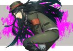  1boy armband bandaged_hands bandages bangs between_legs black_footwear black_hair blood boots brown_eyes brown_headwear brown_jacket brown_pants chain chain_necklace closed_mouth commentary_request danganronpa_(series) danganronpa_v3:_killing_harmony feet_out_of_frame grey_background hagi_(hagi_0) hand_between_legs hat jacket knee_boots long_hair long_sleeves looking_at_viewer makeup male_focus pale_skin pants peaked_cap pink_blood red_lips shinguuji_korekiyo shiny shiny_clothes solo white_background 