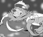  2021 anthro belly clothing goro_(live-a-hero) hi_res humanoid_hands kemono live-a-hero male mammal monochrome one_eye_closed overweight overweight_male shirt siroihigenokoi solo topwear ursid video_games wink 