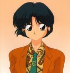  1990s_(style) 1girl black_hair brown_eyes dress_shirt formal nakajima_atsuko necktie official_art ranma_1/2 retro_artstyle scan scan_artifacts shirt short_hair simple_background smile solo suit suit_jacket tendou_akane upper_body 